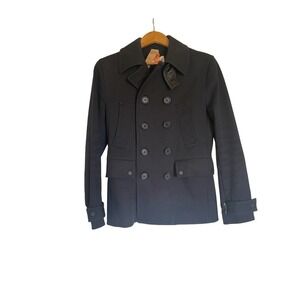 Sandro Men's Navy Cotton Blend Leather Trim Double Breasted Jacket • Size S 🗣